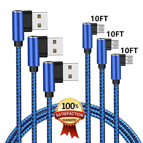 Product Cover Micro USB Charger Cable, TOPBIN 90 Degree Right Angle Cable 3 Pack 10FT USB Micro Cable Nylon Braided Charger Cords and Data Sync for Android, Galaxy S7/S6/S5, Moto G5, HTC, LG (Blue) (Blue)