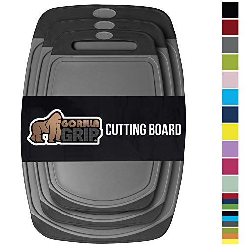 Product Cover Gorilla Grip Original Oversized Cutting Board, 3 Piece, BPA Free, Juice Grooves, Larger Thicker Boards, Easy Grip Handle, Dishwasher Safe, Non Porous, Extra Large, Kitchen, Set of 3, Gray Black