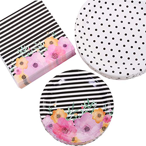 Product Cover Andaz Press Modern Floral Party Plates and Napkins Set, Bulk 50-Pack, 9-Inch Plates, 7-Inch Plates, 6.5-Inch Lunch Napkins, Flower and Black Stripes Modern Party Tableware Kit, Party Supplies
