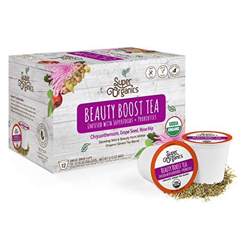 Product Cover Super Organics Beauty Boost Green Tea Pods With Superfoods & Probiotics | Keurig K-Cup Compatible | Beauty Tea, Skin Care Tea | USDA Certified Organic, Vegan, Non-GMO Natural & Delicious Tea, 12ct