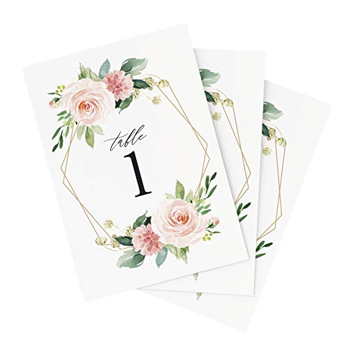 Product Cover Bliss Collections Geometric Floral Wedding Table Numbers, 1-25, Centerpiece Decorations, Double Sided 4x6 Blush, Coral and Greenery Geo Style Design, Numbers 1-25 & Head Table Card Included