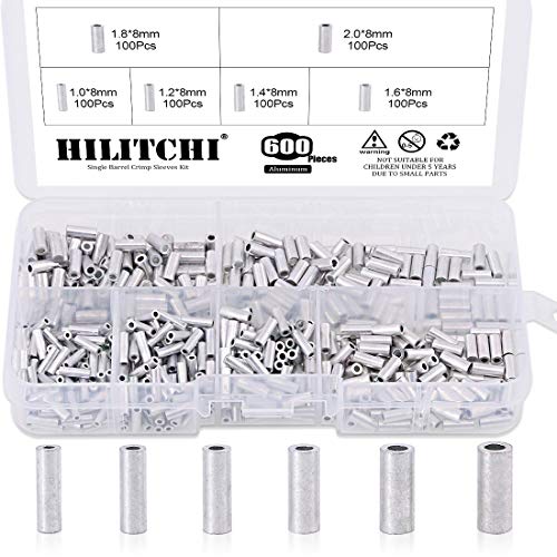 Product Cover Hilitchi 600 Pcs 6 Sizes Single Barrel Crimp Sleeves Mini Aluminum Crimp Sleeves Connector Kit for Fishing Line for 1.0, 1.2, 1.4, 1.6, 1.8, 2mm Fishing Wire Dia.