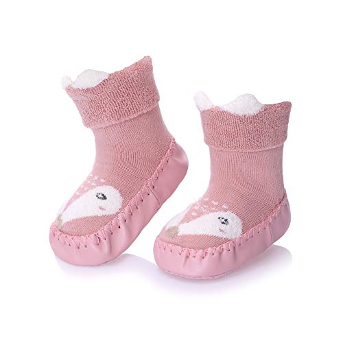Product Cover FANZERO Baby Boys Girls Toddlers Cute Animal Slipper Shoe Socks Non-Skid Winter Warm Cotton Indoor Moccasins Pink Fox,6-12 months