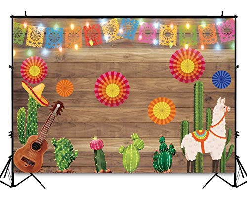 Product Cover Funnytree 7X5ft Mexican Fiesta Theme Photography Backdrop Mexico Cactus Guitar Party Background Cinco de Mayo Colorful Flags Paper Flowers Banner Dress up Cake Table Decoration Photo Booth Props