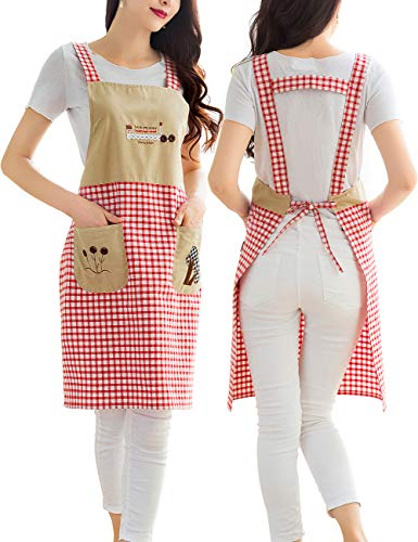 Product Cover Chef Apron with Pockets - Cotton Kitchen Aprons Long for Waitress,Girls,Grandma Suitable for Cooking,Baking,Grilling,Painting Even Fit for Arts,Holiday(Print Red Plaid)