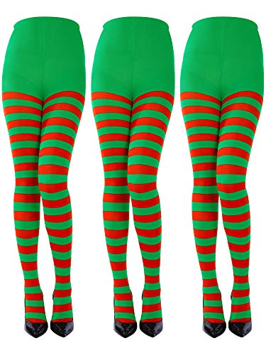 Product Cover Sumind 3 Pairs Christmas Striped Tights Full Length Tights Thigh High Stocking for Christmas Halloween Costume Accessory (Red, Green, Adult Size)