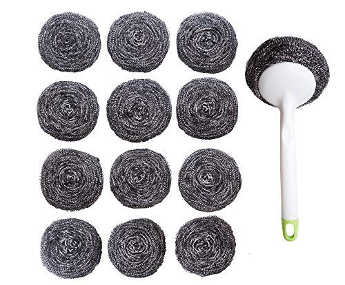Product Cover Kitchen Sumo Stainless Steel Sponges Scourer Set with Handle 40 Gram - Pack of 12 - Large Stainless Steel Scrubbers - Metal Scouring Pads - Kitchen Cleaning Tool