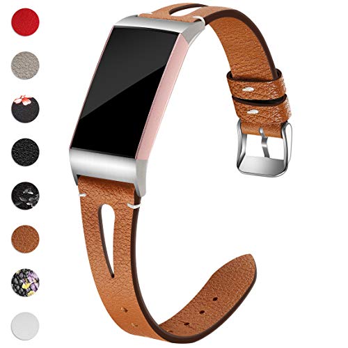 Product Cover Maledan Bands Compatible for Fitbit Charge 3 and Charge 3 SE Fitness Activity Tracker, Slim Genuine Leather Band Replacement Accessories Strap for Charge3 Special Edition, Women Men, Small, Brown