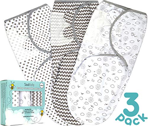 Product Cover Soultisfy Baby Swaddle Blanket Wrap (Pack of 3) for Newborn Boy and Girl (0-3 Months/Small/Medium) - Breathable All Seasons Cotton - Unisex Design - Adjustable Infant Swaddle Sack Set