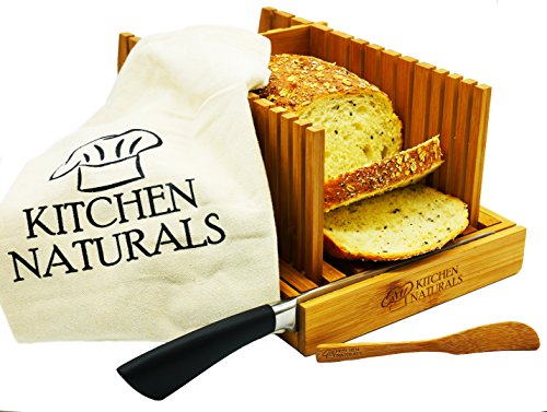 Product Cover Premium Bamboo Foldable Bread Slicer - Built in Crumb Catcher and Knife Rest |Bread Slicing Guide, Bread Loaf Slicer- BONUS Bamboo Butter Spreader, Storage Bag and Guide Book.