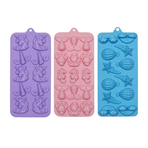 Product Cover Webake Candy Molds Silicone Mermaid Chocolate Mold, Fondant Molds for Cupcake Decorations, Resin Crayon Including Mermaid Tail, Seahorse, Rainbow, Air Balloon, Pack of 3