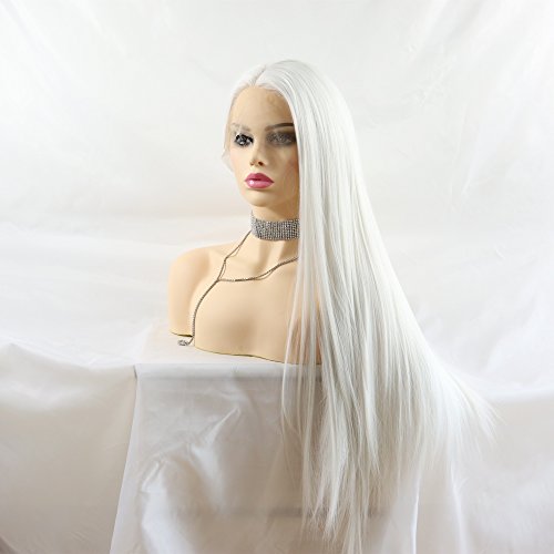 Product Cover Lucyhairwig Silky Straight White Color Synthetic Lace Front Wigs For Women Realistic Looking Synthetic Hair Long Wig Half Hand Tied Heat Resistant Fiber Hair Cosplay Wigs 24 inches