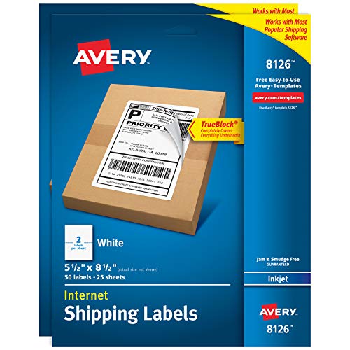 Product Cover Avery Shipping Address Labels, Inkjet Printers, 100 Labels, Half Sheet Labels, Permanent Adhesive, TrueBlock (2-Pack 8126)