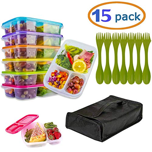 Product Cover Meal Prep Containers with Lids 7 Reusable 3 Compartment Food containers with Holder & 7 Utensils BPA Free Food Storage Freezer, Dishwasher, Microwave Safe Weekly Food Portion Control Containers