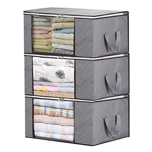 Product Cover Bamboo Charcoal Clothing Organizer Bags, Foldable Storage Zipper Bag, Large Durable Closet Storage Boxes Case Container for Dresses Quilt Season Items Storage (Grey, 3 Pack)