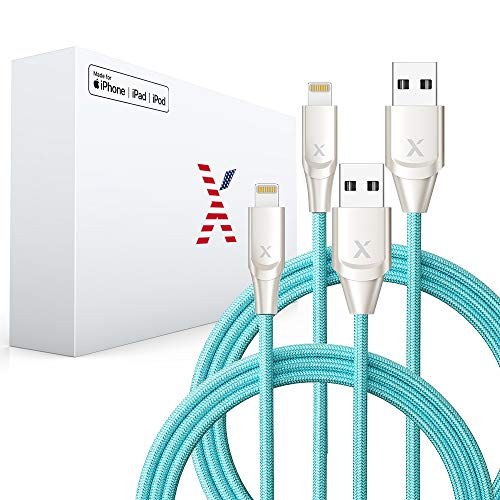 Product Cover Xcentz iPhone Charger 2 Pack 6ft, Apple MFi Certified Lightning Cable Fast Charger iPhone Cable, Durable Braided Nylon Metal Connector Charger Cord for iPhone X/XS Max/XR/8 Plus/7/6/5/SE, ipad, Blue