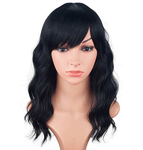 Product Cover Medium Long Black Wavy Wigs For Women Synthetic Full Hair Natural Black Wigs With Side Bangs For Daily Use 16 Inches (NATURAL BLACK(1#))