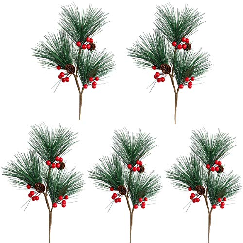 Product Cover MUFEN 5pcs Artificial Pine Picks Pinecone Red Berries Branches Faux Greenery Foliage Flower Crown Christmas Tree Decoration Holiday Home Winter Decor (Green)