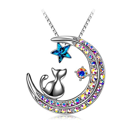 Product Cover SIVERY Cat Jewelry for Women 'Laid Back Kitten' Woman Cat on Moon Necklace Pendant with Swarovski Crystal, Necklaces for Women, Gifts for Mom