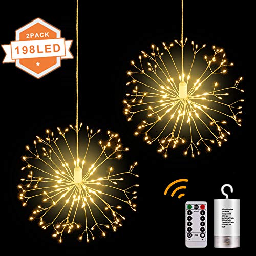 Product Cover 2 Pack 198 LED Firework Copper Lights，8 Modes Dimmable Battery Operated Party Hanging Lights Wedding Christmas Home Garden Bedroom Outdoor Indoor Decorations with Remote Control, Warm White