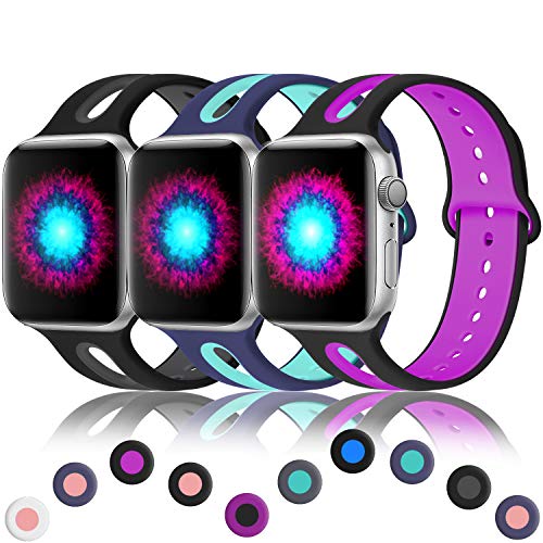 Product Cover Haveda Sport Bands Compatible for Apple watch 44mm band series 5 series 4, Women apple 5 iWatch 42mm Bands for Apple Watch Series 3 Series 2/1, 3Pack 42mm/44mm S/M Black/Grey, Blue/Teal, Black/Magenta