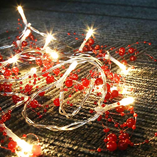 Product Cover Leideur String Lights Red Berry Garland Lighted Berry-Beaded Garland Battery Operated 3 Modes 20 LED Holiday Indoor Christmas Decorations Lights 9.8ft(Light Color:Warm White) (Red)