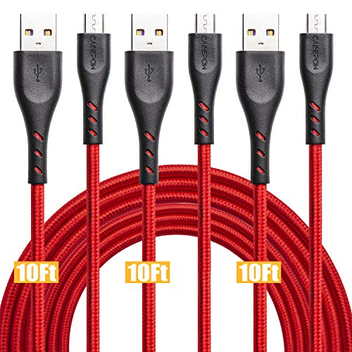 Product Cover Micro USB Cable 10ft, CABEPOW Android Charger Cable「3Pack 10 feet 」,Extra Long Nylon Braided High Speed USB 2.0 Data Sync Charging Cord for Samsung, HTC, Motorola,Nokia,Kindle,MP3,Tablet and More-Red