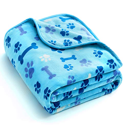 Product Cover Allisandro 350 GSM-Super Soft and Premium Fuzzy Fleece Pet Dog Blanket, The Cute Paw and Bone Design Washable Fluffy Blanket for Puppy Cat Kitten Indoor or Outdoor, Blue, 32