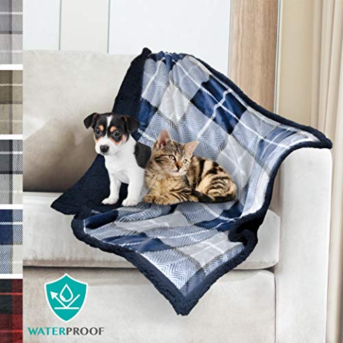 Product Cover PetAmi Waterproof Dog Blanket for Medium Dogs, Puppies, Small Cats | Soft Sherpa Fleece Pet Blanket Throw for Sofa, Couch | Thick Durable Pet Bed Cover Floor Mat 30 x 40 inches (Plaid Navy)