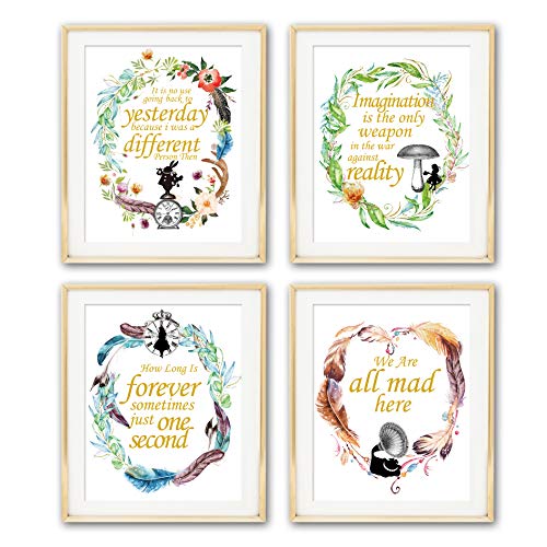Product Cover Alice in Wonderland Imagination Quotes Art Prints | Set of Four Photos 8x10 Unframed | Great Gift for Living Room Bedroom Office Decor