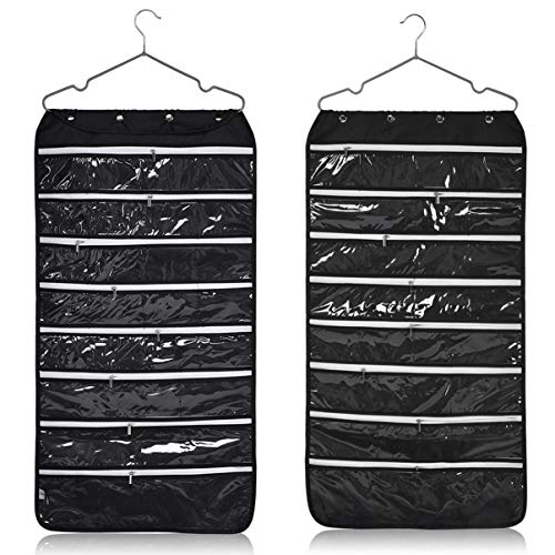 Product Cover Alezywels Hanging Jewelry Organizer Bag (56-Pockets) Dual-Sided, Thick Oxford Fabric, Zippered Storage, Clear PVC Plastic Windows, Roll-Up, Portable Travel, Rings, Earrings, Necklaces (Black)