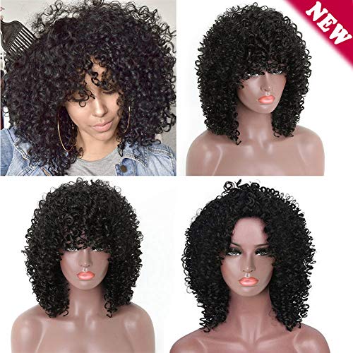 Product Cover Black Curly Wig 14 inch Curly Wave Wig with Bangs Synthetic Daily Wig for Women Natural Look Same as Real Hair