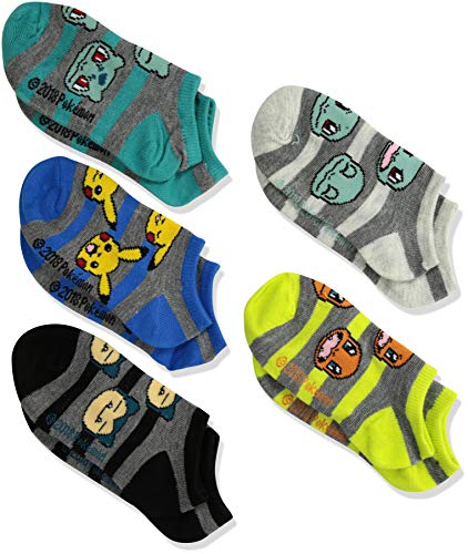 Product Cover Pokemon Boys' Big 5 Pack No Show, Fits Sock Size 6-8.5 fits Shoe Size 7.5-3.5, assorted grey stripe/el