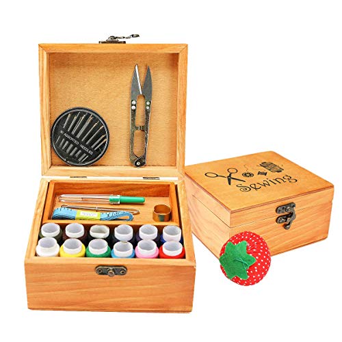 Product Cover Mini Professional Wooden Sewing Basket Set with Wooden Sewing Box Premium Sewing Kit Accessories for Mother's Day Home Travel Emergency and Good Gift for Anyone