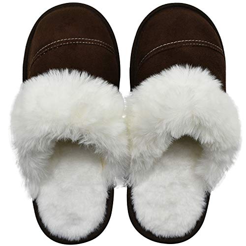 Product Cover Womens Faux Fur Warm Memory Foam Slippers Suede Slip-on Cozy House Shoes Non-Slip Sole Brown