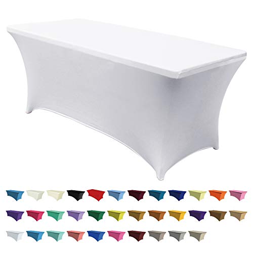 Product Cover ABCCANOPY Spandex Table Cover 6 ft. Fitted 30+ Colors Polyester Tablecloth Stretch Spandex Table Cover-Table Toppers (6 FT Table Cover, White)