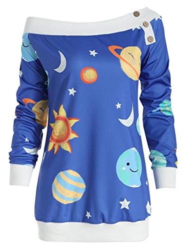 Product Cover Lealac Women's Casual Cotton Off Shoulder Sweatshirt Space Sun and Moon Star Print Long Sleeve Blouse L207-Shirt Blue XL