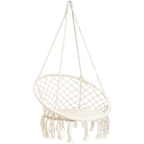 Product Cover CCTRO Hammock Chair Macrame Swing,Boho Style Rattan Chair Hanging Macrame Hammock Swing Chairs for Indoor/Outdoor Home Patio Porch Yard Garden Deck,265 Pound Capacity (C White)