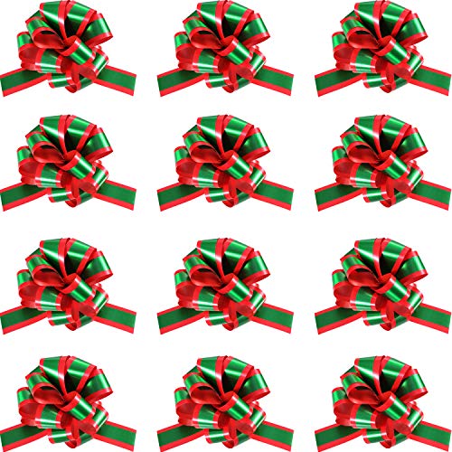 Product Cover Gejoy 12 Pieces 5 inch Pull Bows Gift Christmas Red Green Pull Bow with Tails Gift Ribbon Strings for Gift Tie Wrap