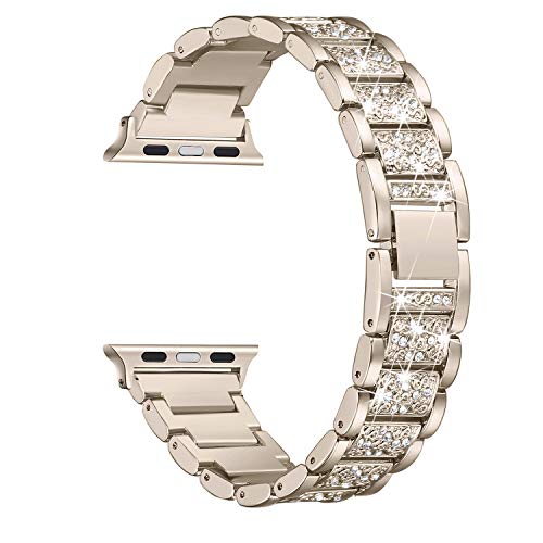 Product Cover Secbolt Bling Bands Compatible with Apple Watch Band 42mm 44mm Women iWatch Series 5/4/3/2/1, Dressy Jewelry Metal Bracelet with Rhinestones, Champagne Gold