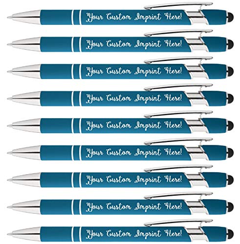 Product Cover Rainbow Rubberized Soft Touch Ballpoint Pen with Stylus Tip is a stylish, premium metal pen, black ink, medium point. Box of 12 - Personalized with your custom text and/or logo (Light Blue)
