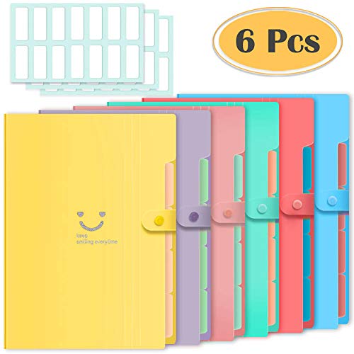 Product Cover Selizo 6 Pcs Expanding File Folder with 5 Pockets Organizer Plastic A4 Size and 168 Pcs File Folder Labels for School Teacher and Office