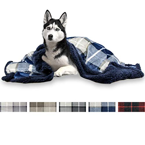 Product Cover PetAmi Deluxe Dog Blanket for Large Dogs | Sherpa Fleece Pet Throw Blanket for Couch Sofa Bed | Soft Durable Reversible Furniture Protector for Medium Dog Cat Puppy - 60x40 Plaid Navy