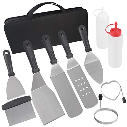 Product Cover POLIGO Professional Spatula Set in Storage Bag - 10pcs Commercial Grade Stainless Steel Griddle Accessories Set for Flat Top Cooking Teppanyaki Grill - Metal Tool Set Gifts for Christmas Birthday Men