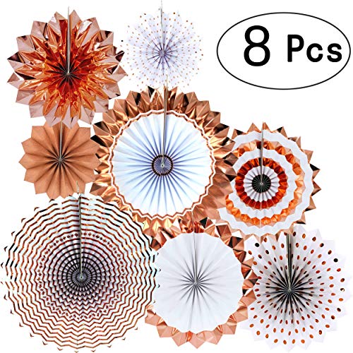 Product Cover AKIO CRAFT Rose Gold Party Hanging Paper Fans Wedding Bachelorette Bridal Shower Party Birthday Baby Shower Valentines Day Party Photo Booth Backdrops Ceiling Hangings Decorations, 8pc
