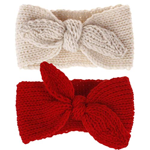 Product Cover Turban Headband Baby Girl - Warm Rabbit Knot Hair Band, Knit Head Wrap for Newborn, Toddler and Children (Red + Beige)