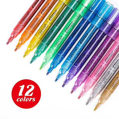 Product Cover Glitter Paint Marker Pens, Water Based, Fine Point, Set of 12, Multiple Colors, Great for Gift Card, Poster, Album, Christmas Card and more
