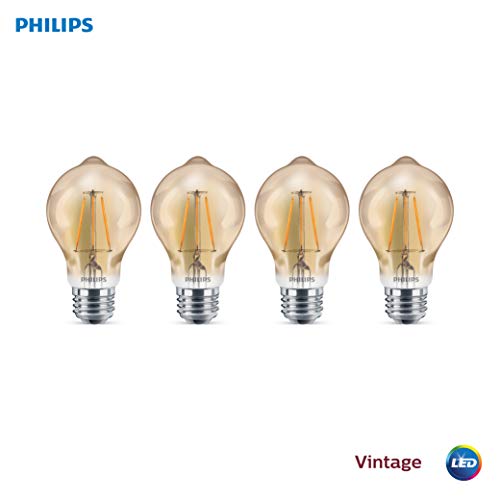 Product Cover Philips LED Dimmable A19 Vintage Bulbs: 300-Lumen, 2000-Kelvin, 4.5, (60-Watt Equivalent), E26 Medium Screw Base, Amber Light, 4 Pack, Title 20 Compliant, 537563, White, 4 Piece