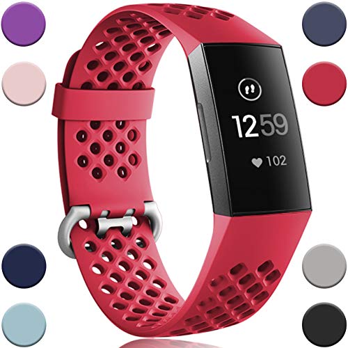Product Cover Wepro Bands Replacement Compatible Fitbit Charge 3 for Women Men Small, Waterproof Breathable Holes Watch Sport Strap Accessories for Fitbit Charge 3 SE Fitness Tracker, Wine Red