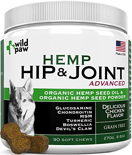 Product Cover Wildpaw Organic Hemp Hip & Joint Supplement for Dogs with Glucosamine, Chondroitin, MSM, Turmeric, Organic Hemp Oil + Hemp Powder - Healthy Dog Treats for Improved Mobility & Pain Relief - 90 Chews